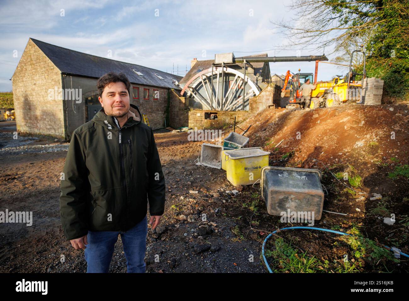 Chef Carlos Capparelli during the major renovation and restoration of the 250-year-old Dundonald Old Mill. The near completed project which is backed by chef Yotam Ottolenghi, will transform the derelict 18th century mill into a destination restaurant. Picture date: Monday December 16, 2024. Stock Photo