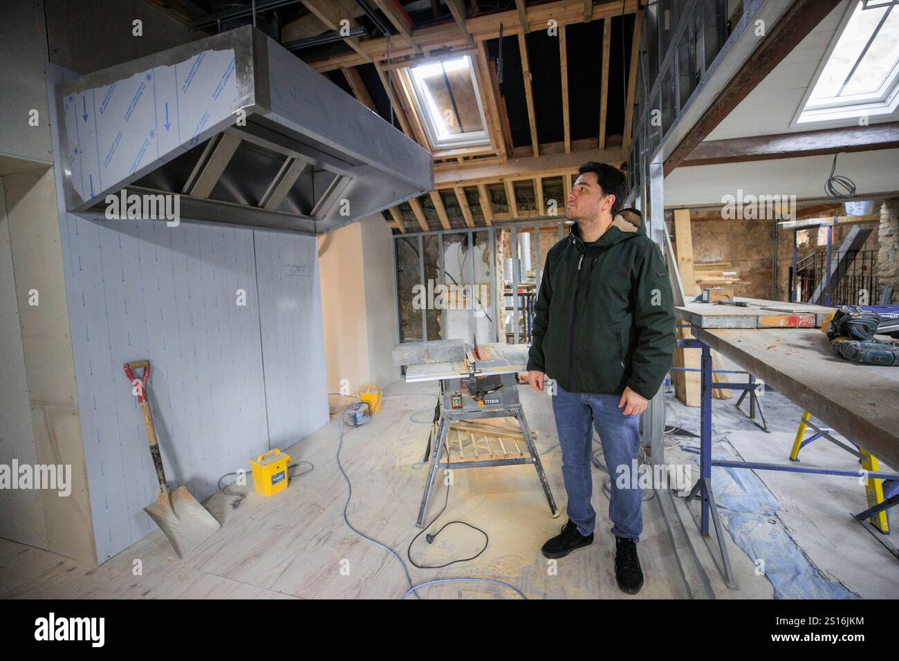 Chef Carlos Capparelli during the major renovation and restoration of the 250-year-old Dundonald Old Mill. The near completed project which is backed by chef Yotam Ottolenghi, will transform the derelict 18th century mill into a destination restaurant. Picture date: Monday December 16, 2024. Stock Photo