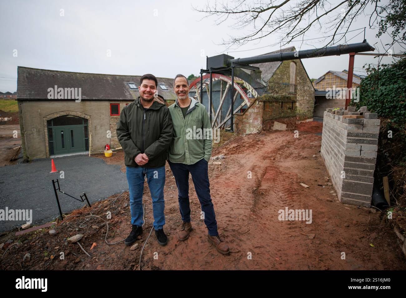 Chef Carlos Capparelli (left) and Yotam Ottolenghi during the major renovation and restoration of the 250-year-old Dundonald Old Mill. The near completed project which is backed by Yotam, will transform the derelict 18th century mill into a destination restaurant. Picture date: Friday December 27, 2024. Stock Photo