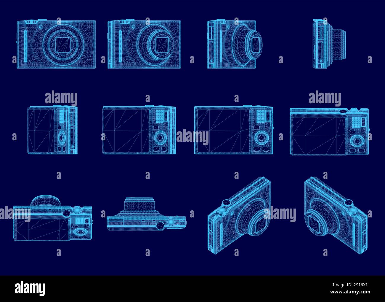 Series of blue images of cameras, each one showing a different angle of ...