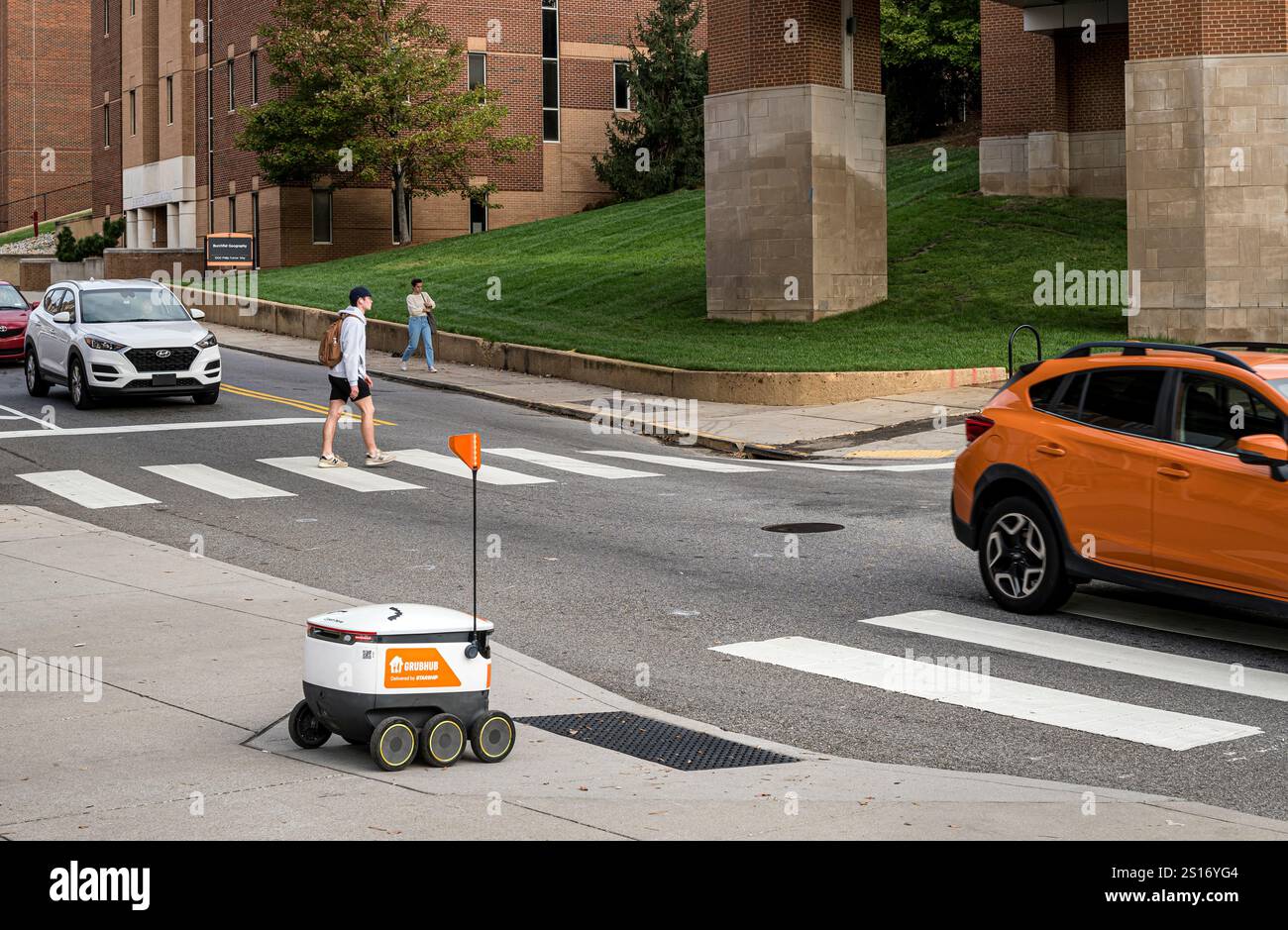 Starship delivery robot out to deliver Grubhub food orders around the University of Tennessee campus. Stock Photo