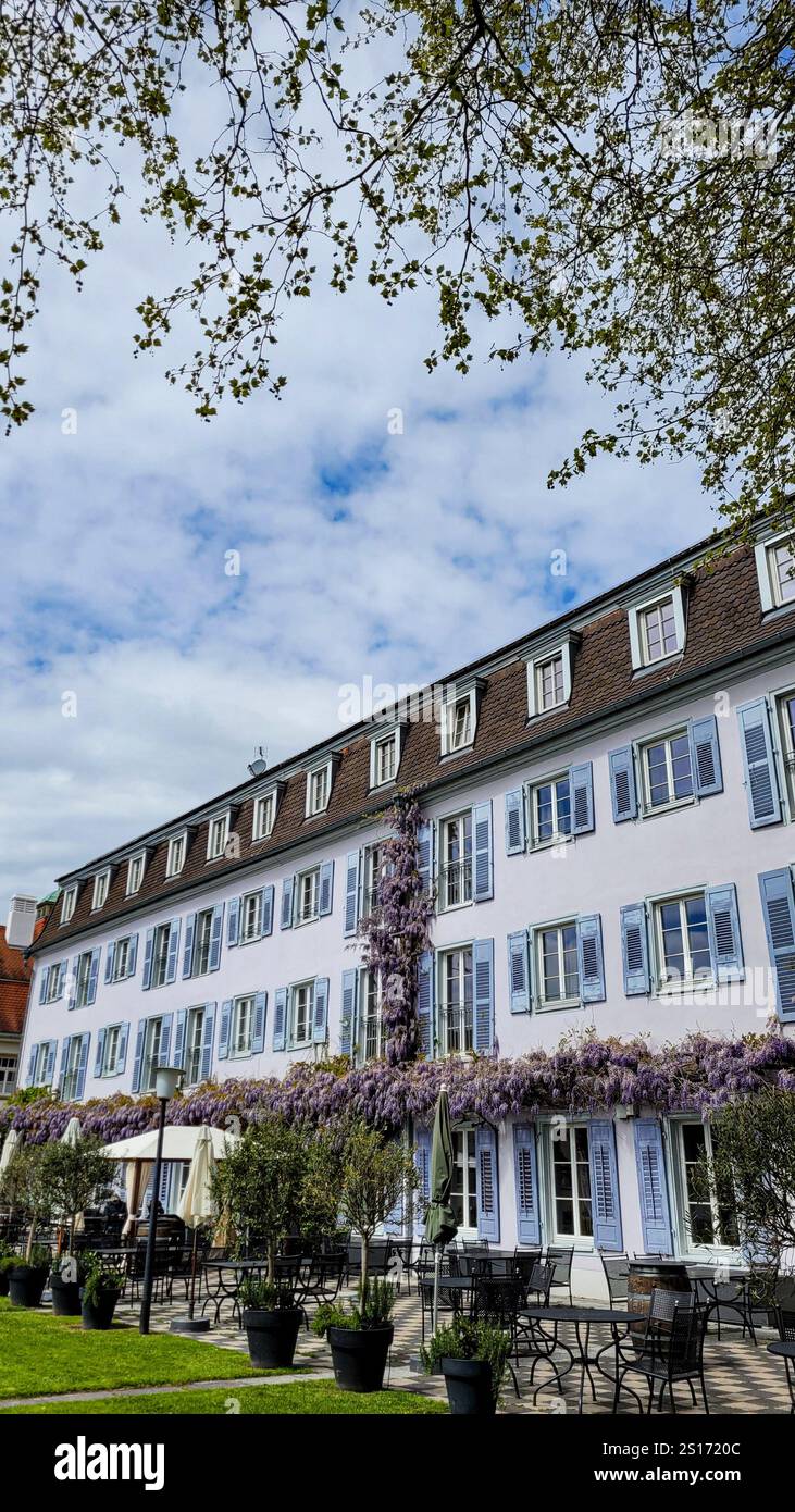 View of the Bad Hotel Uberlingen. A beautiful historic building, decorated with flowering wisteria. Germany, Uberlingen, April 25, 2024. Stock Photo