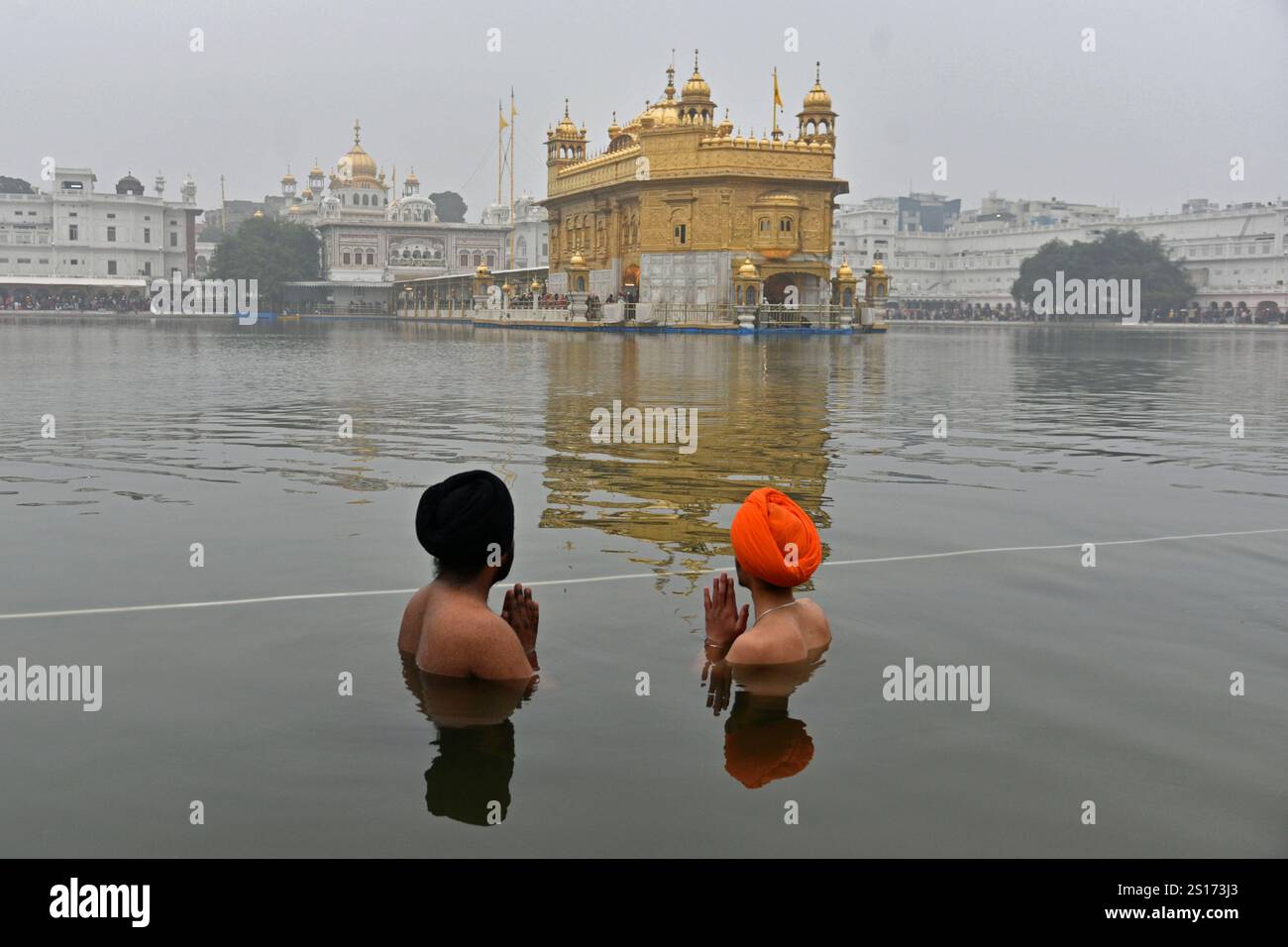 Sikh devotees pray while standing in the pond surrounding the Golden