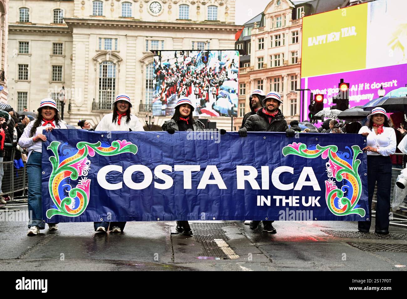 LONDON, ENGLAND: 1st January 2025: The annual international participants' show must continue in London's New Year's Day Parade 2025, whether it rains or shines. (Photo by 李世惠/See Li/Picture Capital) Stock Photo