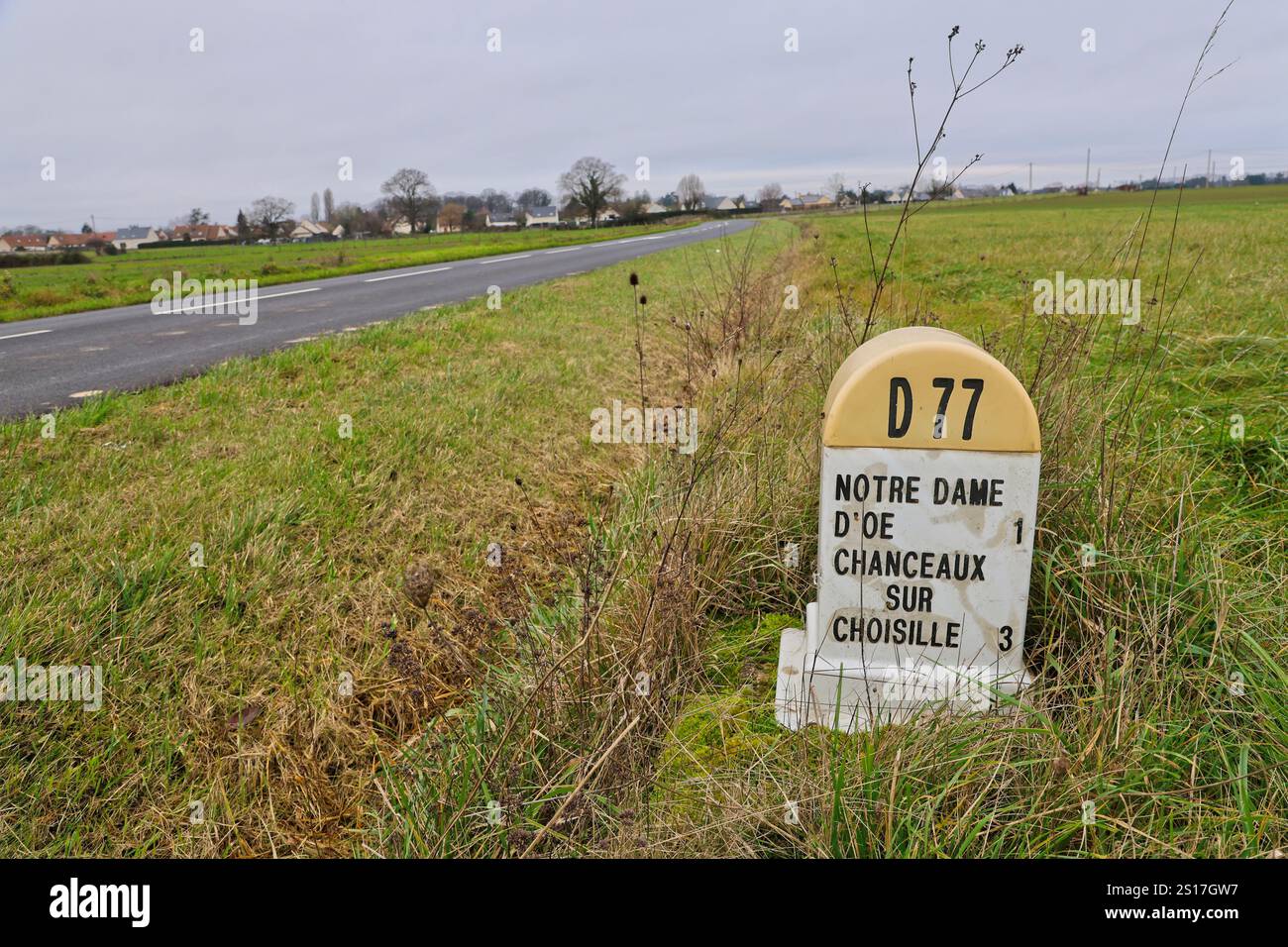 French Distance marker beside on D77 near village of Notre Dame D'Oe
