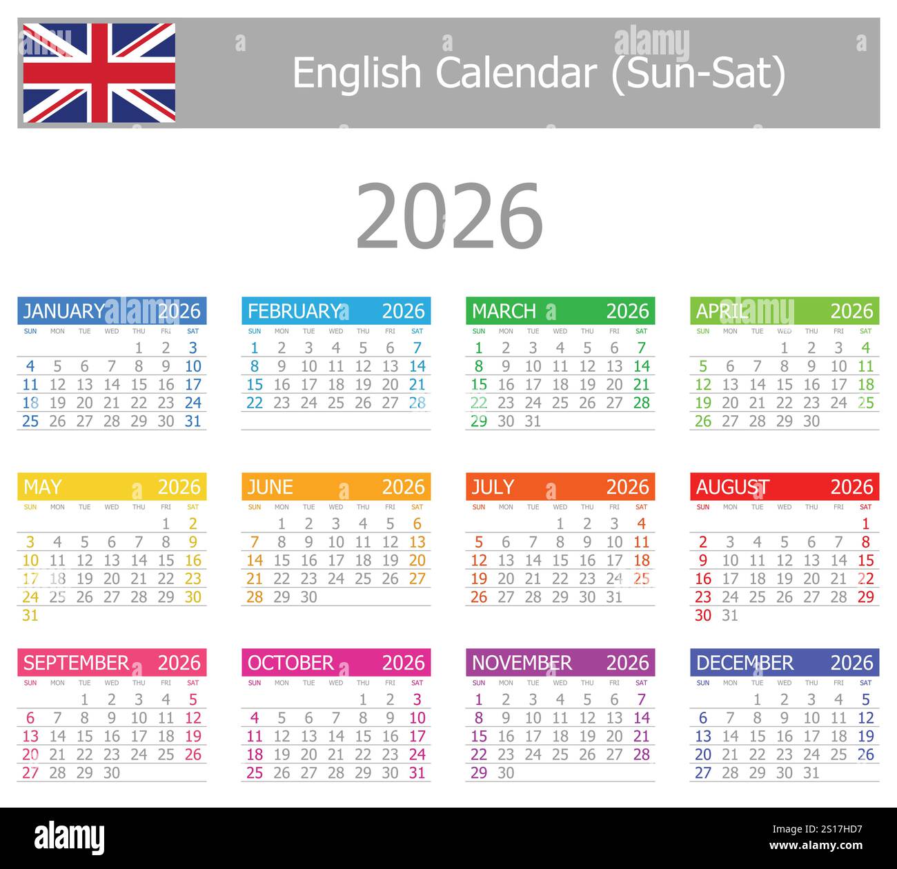 2026 English Type1 Calendar SunSat on white background Stock Vector