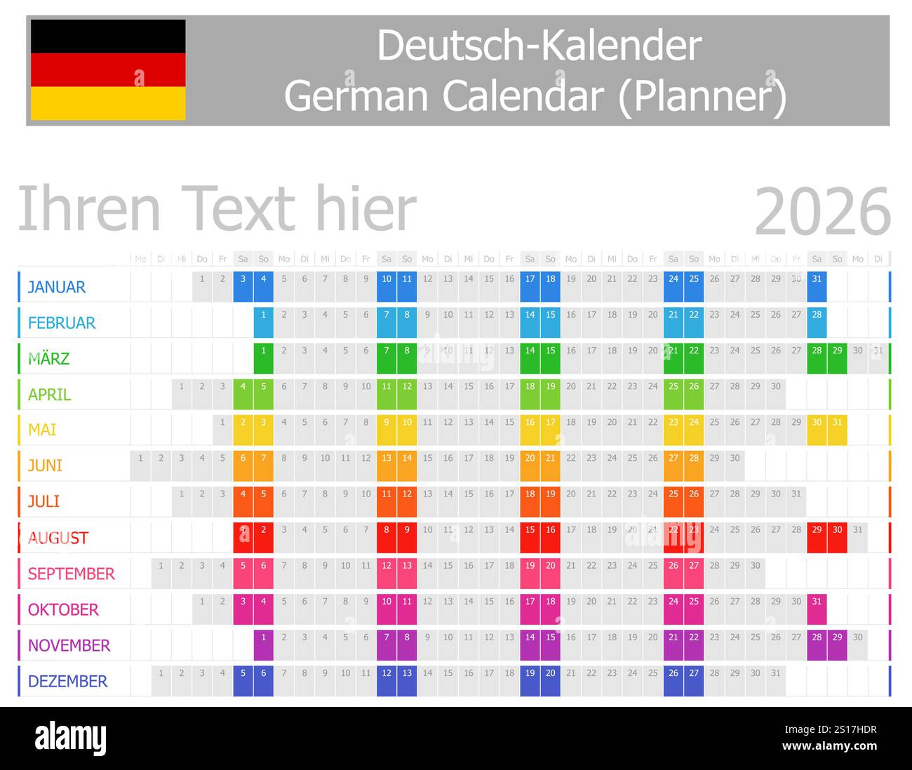2026 German Planner Calendar with Horizontal Months on white background