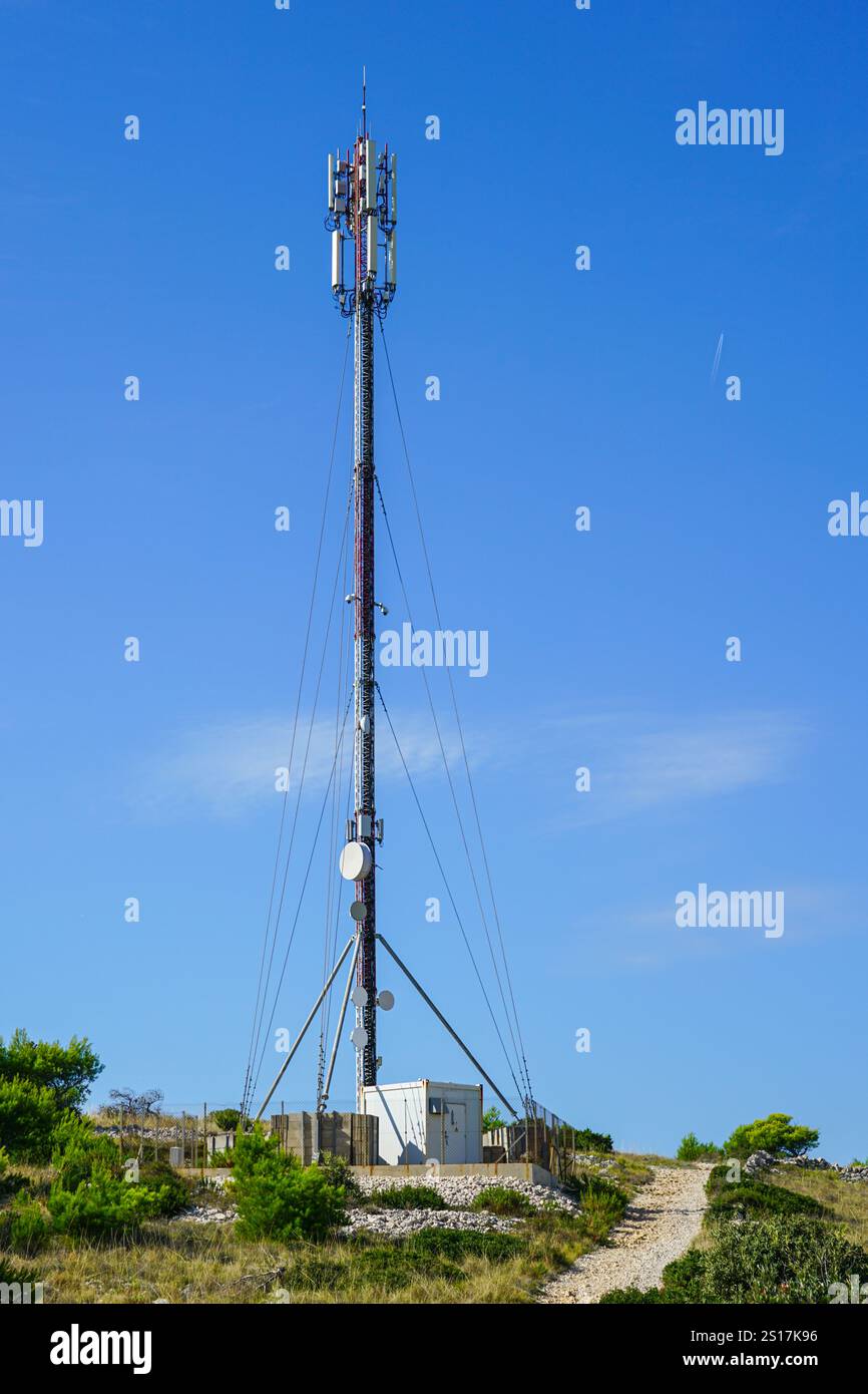 Cellular network antenna, base station or base transceiver station, wireless communication antenna transmitter, mobile phone tower Stock Photo