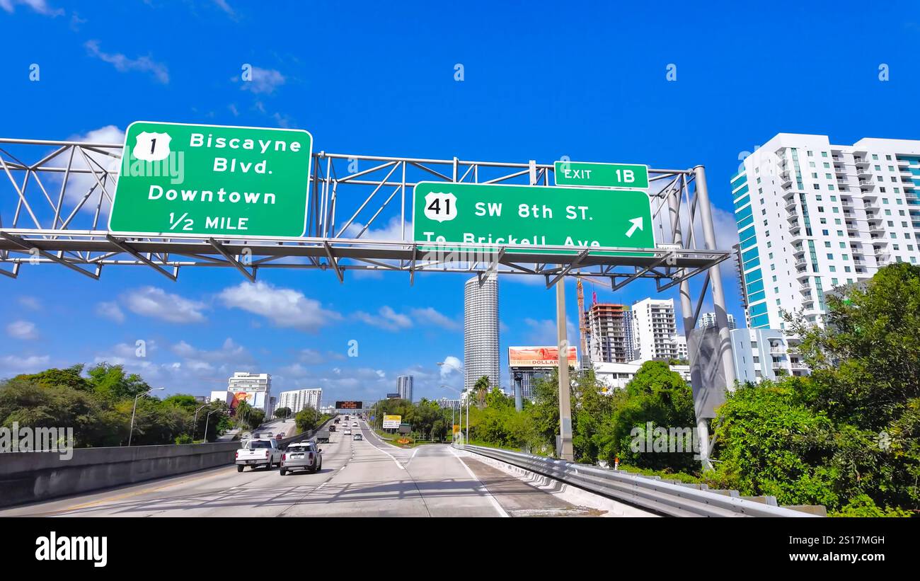 Highway with Green Directional Sign to Biscayne Blvd Miami - MIAMI ...