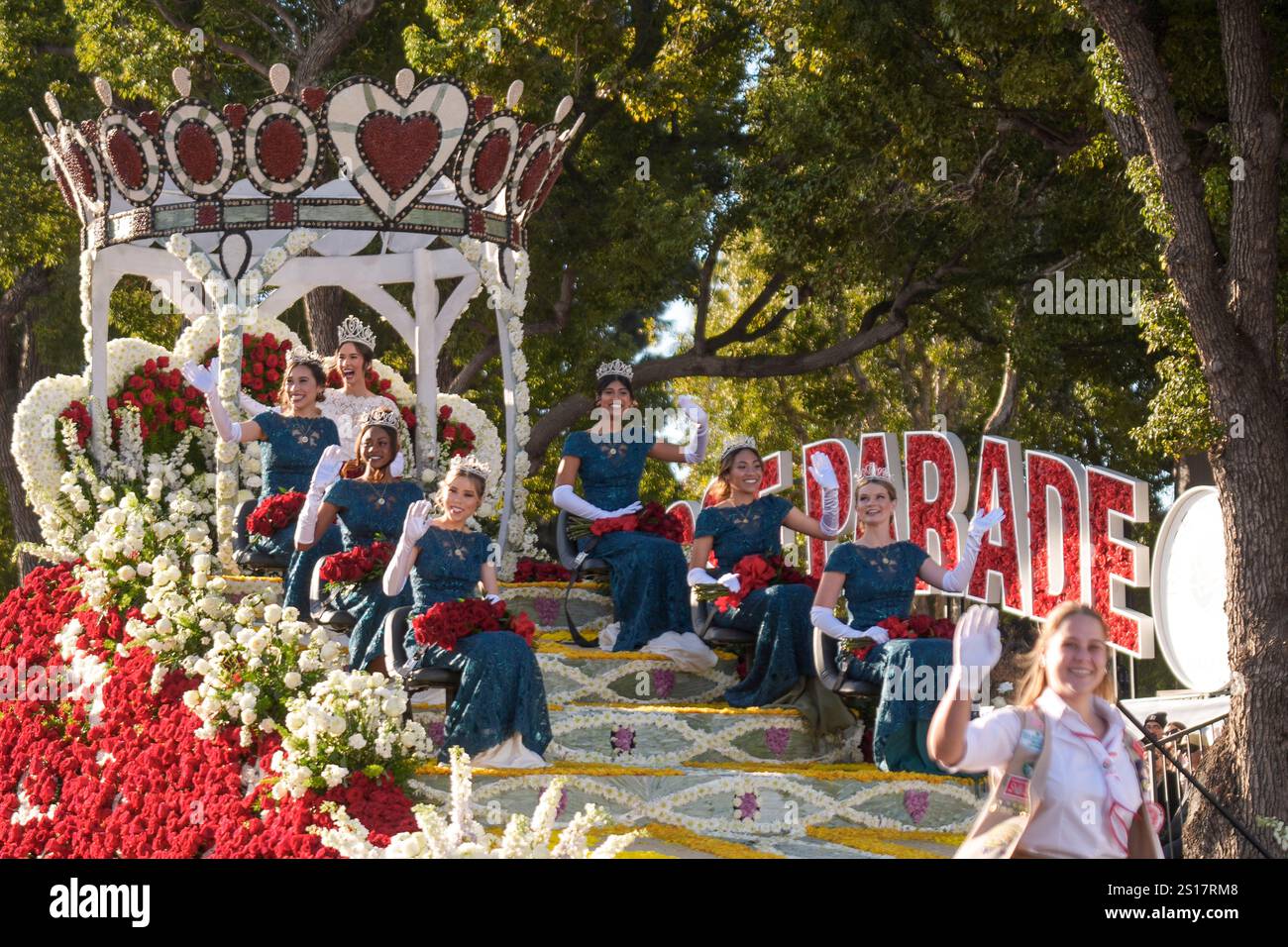 The 2025 Tournament of Roses Rose Court waves to spectators at the 136th Rose Parade in Pasadena
