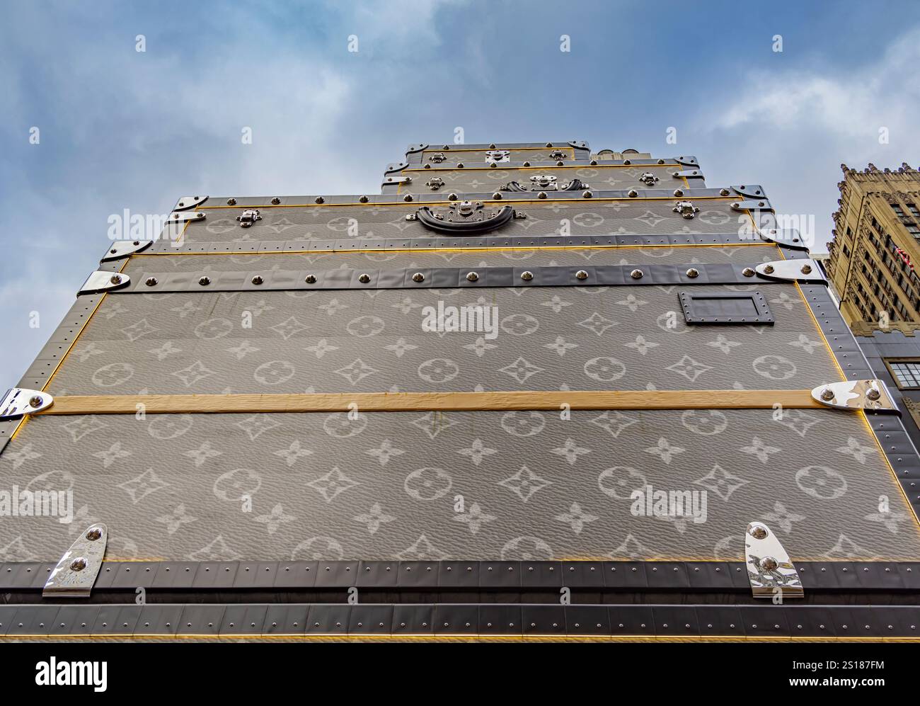detail image of the louis vuitton trunks stacked  as a temporary shed in midtown manhattan Stock Photo