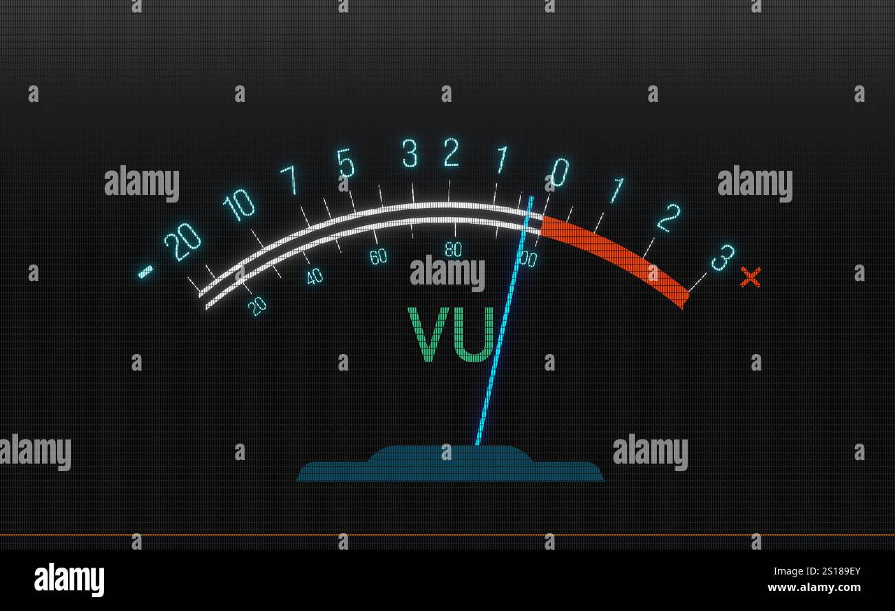 Front view VU meter volume unit or level meter. Front view VU meter volume unit or level meter. Sound mixer, recording studio, music, frequency, decibel, noise. img_technology035s11_mixer_equalizer_sound Stock Photo