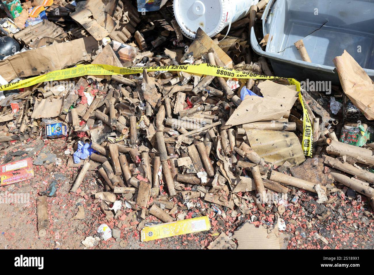 Fireworks debris is seen at the home where a New Year's Eve fireworks