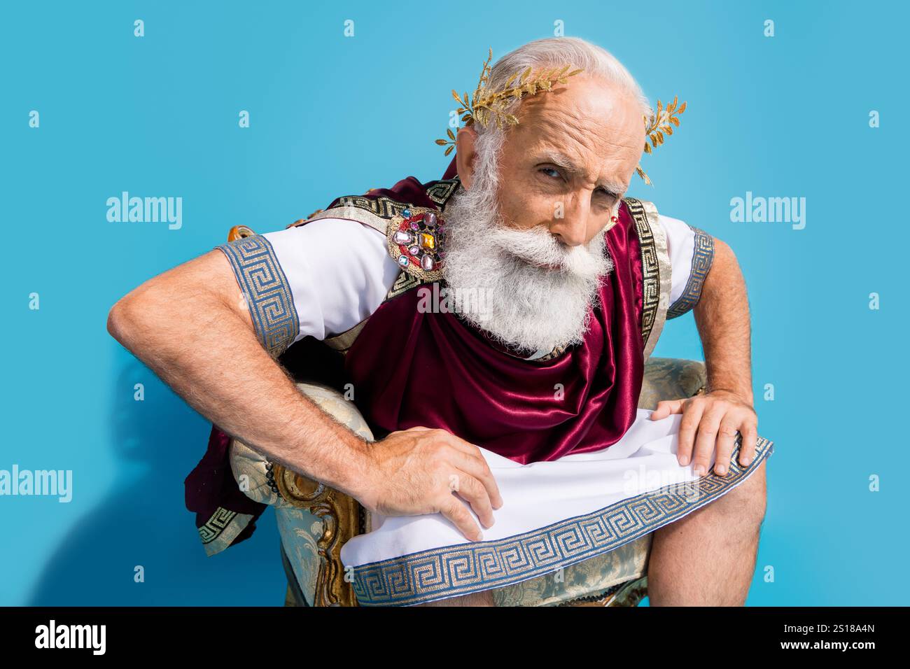 Curious Roman Photo of theater play performer wear ancient roman costume sit throne ...