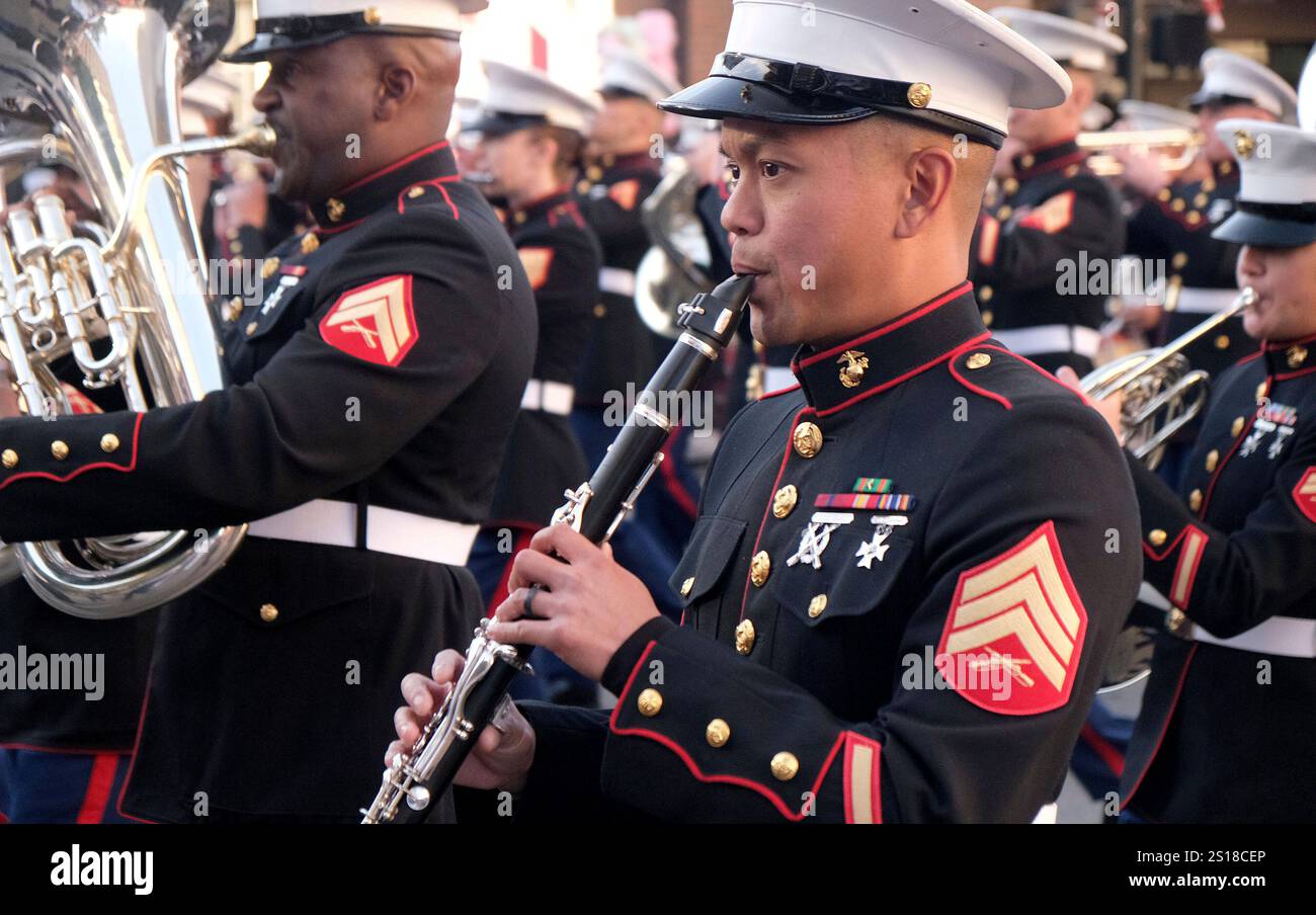 The United States Marine Corps Mounted Color Guard members perform