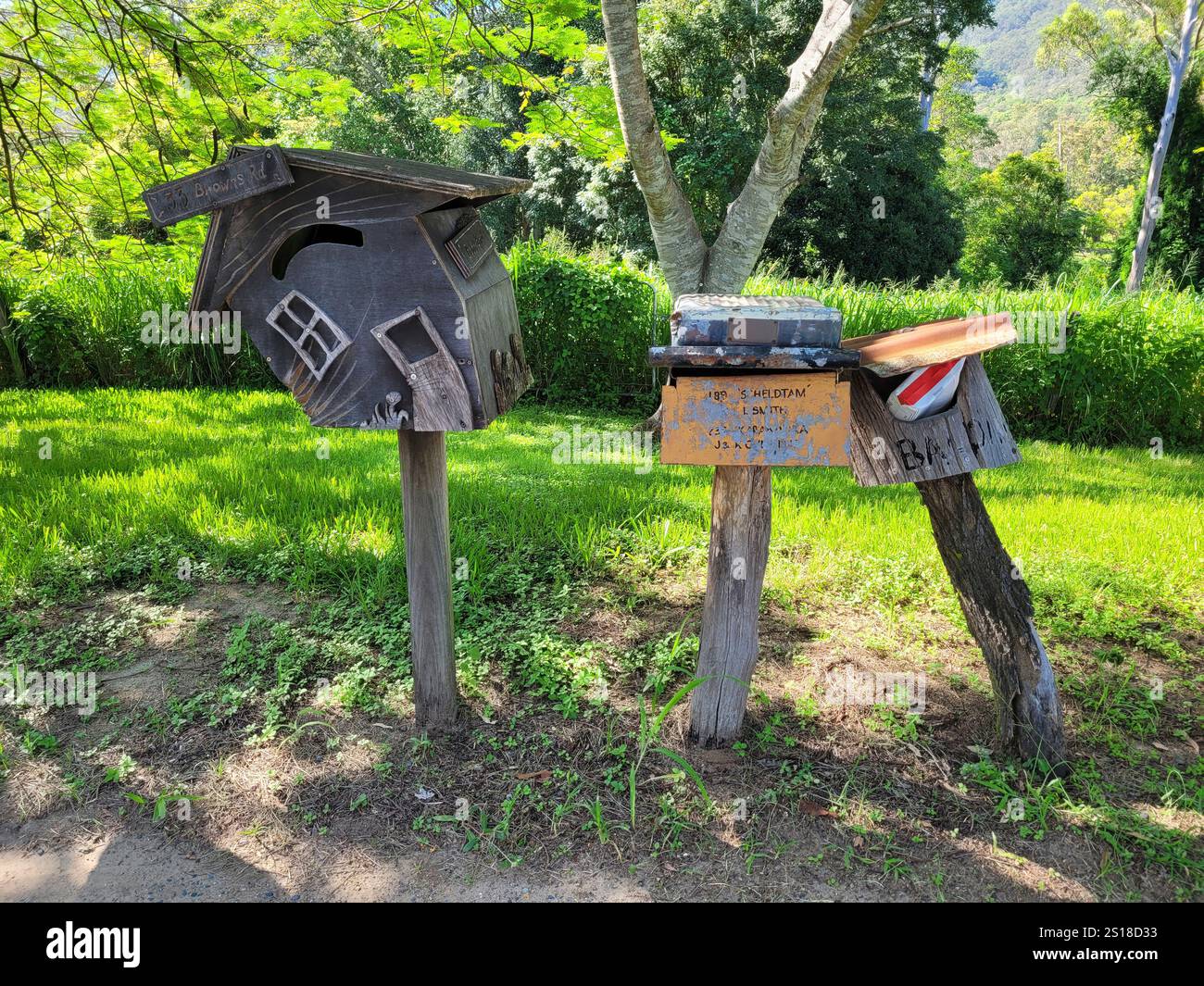 Amusing rustic rural postboxes, Stamford Valley, Queensland, QLD, Australia Stock Photo
