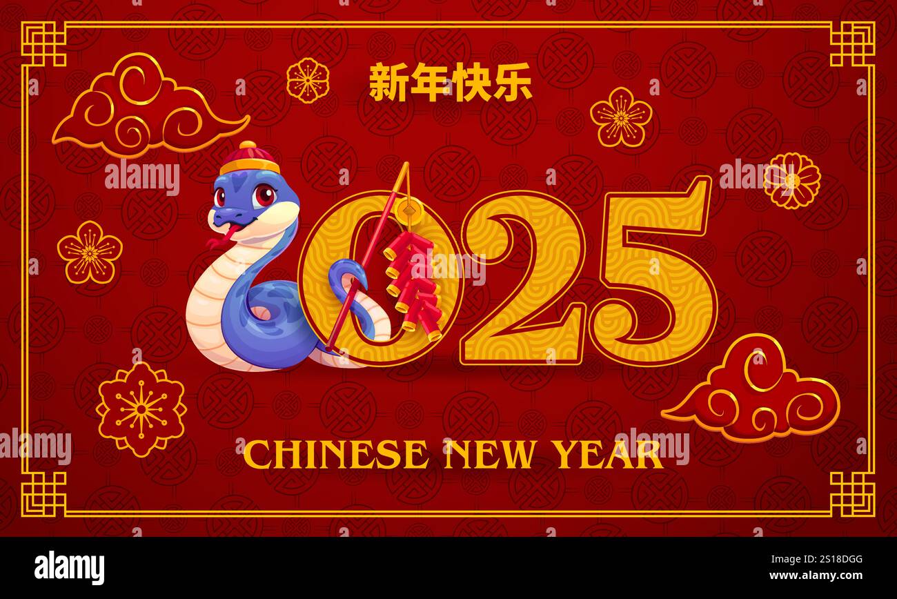 Cartoon snake with fireworks on Chinese new year holiday poster. Vector Cny 2025 banner or greeting card with cute blue reptile snake wearing festive hat and holding red firecrackers for celebrating Stock Vector