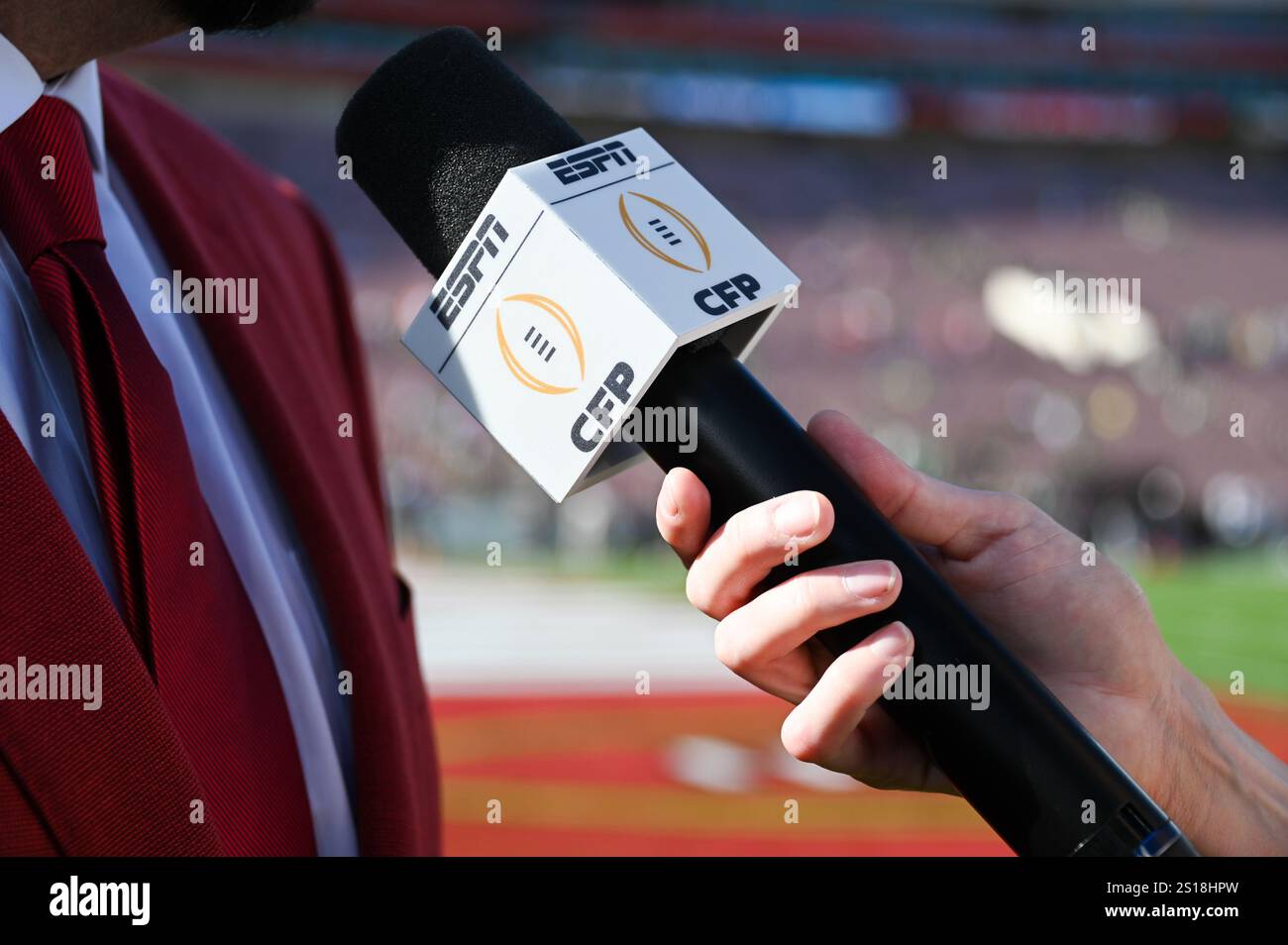Detailed view of a ESPN and CFP College Football Playoff microphone ...