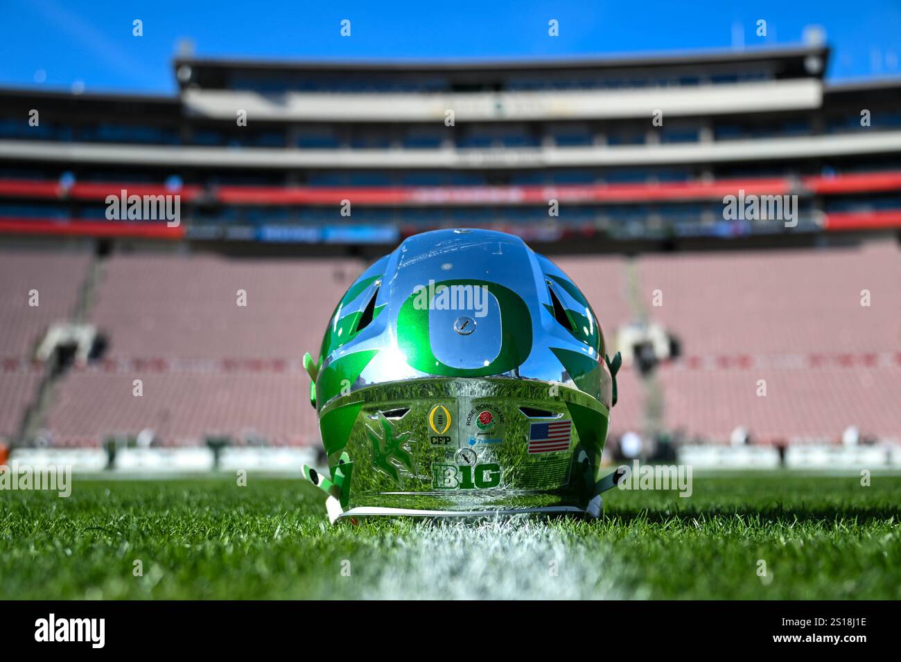 Detailed view of the Oregon Ducks helmet before the Rose Bowl game