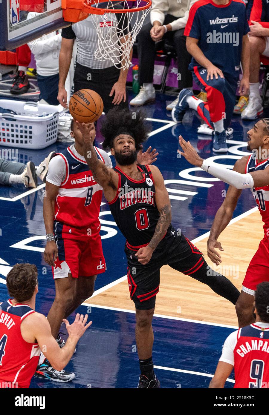 WASHINGTON, DC JANUARY 01 Chicago Bulls guard Coby White (0) lobs in