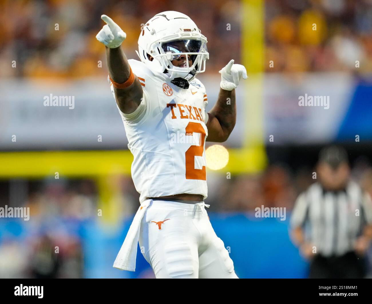 Wide receiver Matthew Golden (Texas Longhorns, 2) reacts after picking