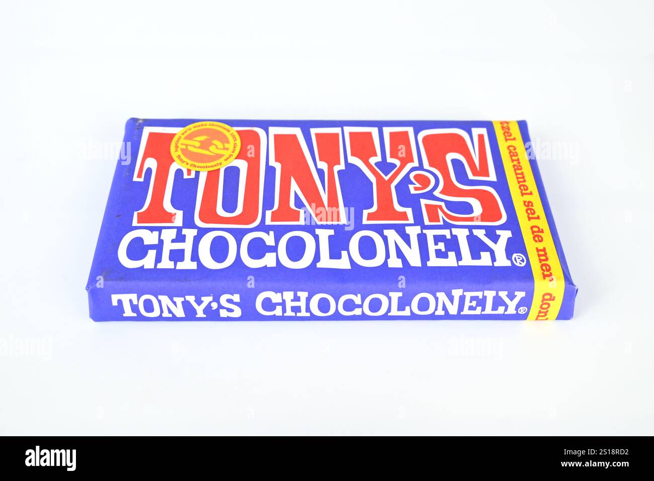 Tony's Chocolonely caramel sea salt (caramel sel de mer) chocolate bar – Wales, UK  – 28 October 2024 Stock Photo