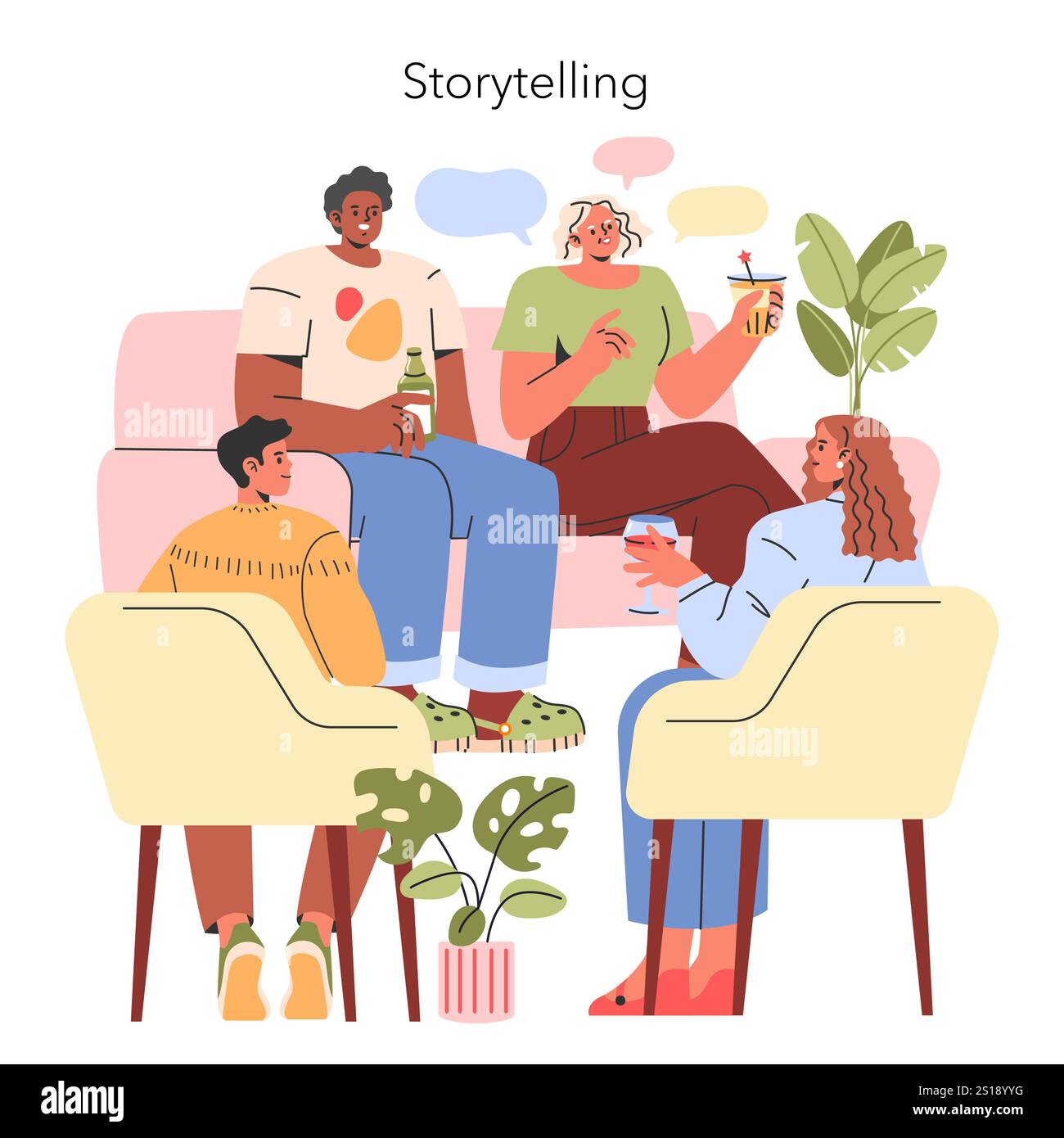 Storytelling concept. Friendly gathering sharing stories in a cozy ...