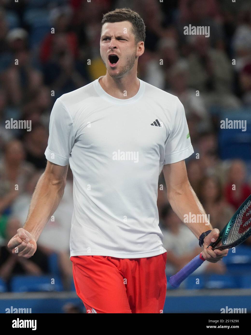 Poland's Hubert Hurkaz reacts after winning his quarterfinal match