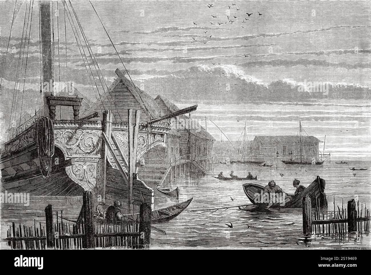 Moynet Fishermen on the Volga river. Russia, drawing by Moynet, from The Volga ...