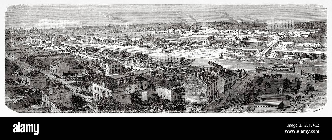 View of Montceau-les-Mines, France. Europe, drawing by Emile Therond (182-1883) Le Creusot et les mines de Saone-et-Loire, 1865 by Louis Laurent Simonin (1830-1886)  Le Tour du Monde 1867 Stock Photo