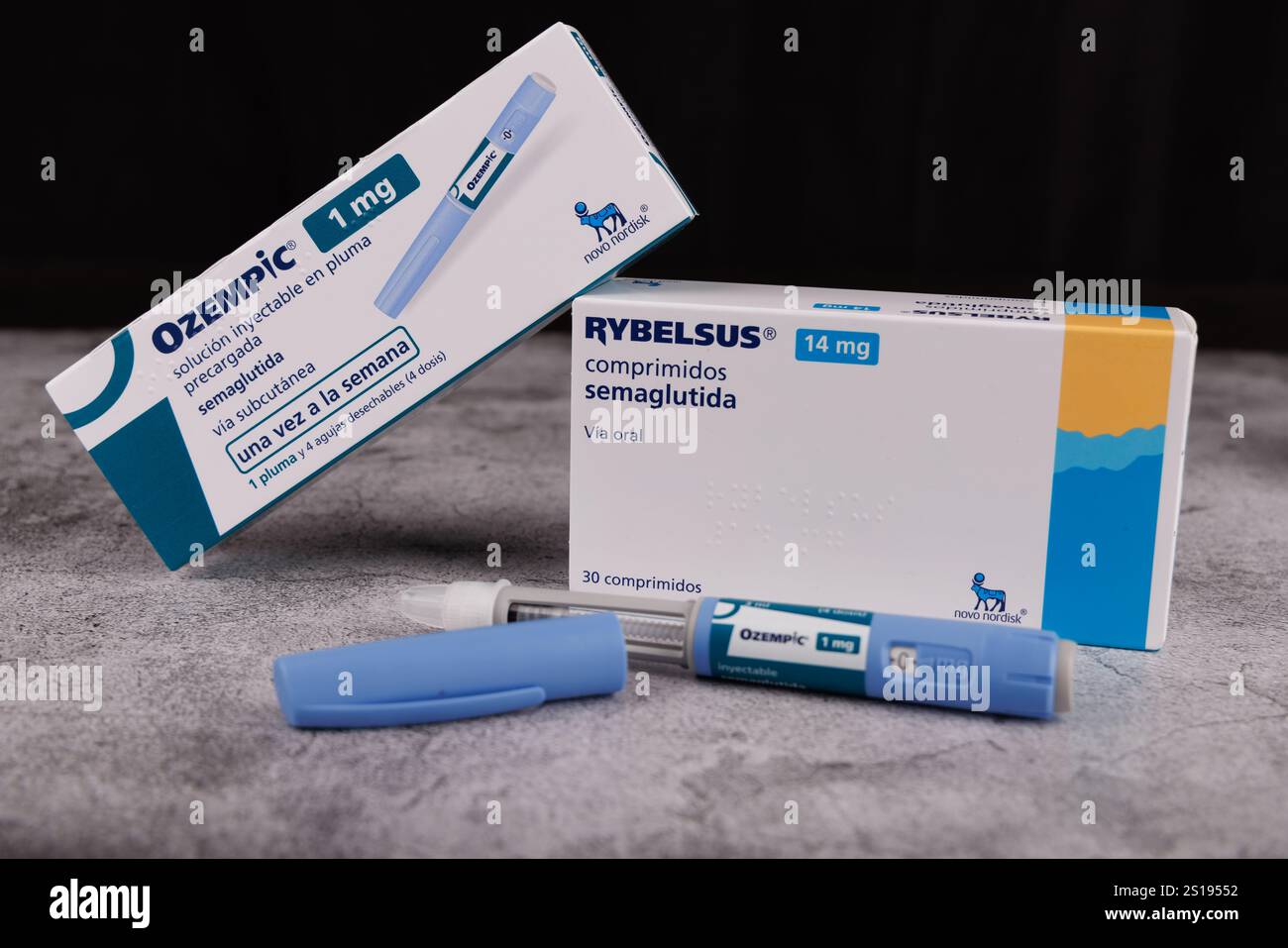 Close-Up of Semaglutide Medications in Barcelona, Spain, Emphasizing Their Role in Effective Blood Sugar Control for Diabetic Patients Stock Photo