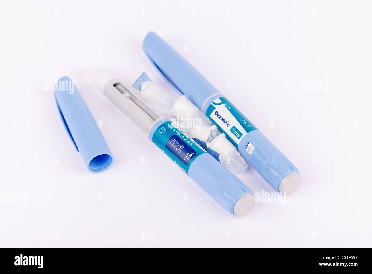 semaglutide spain Ozempic 1 ml Medication Box and Injection Pens Arranged on White Background in Barcelona, Spain, Highlighting Semaglutide Components Stock Photo