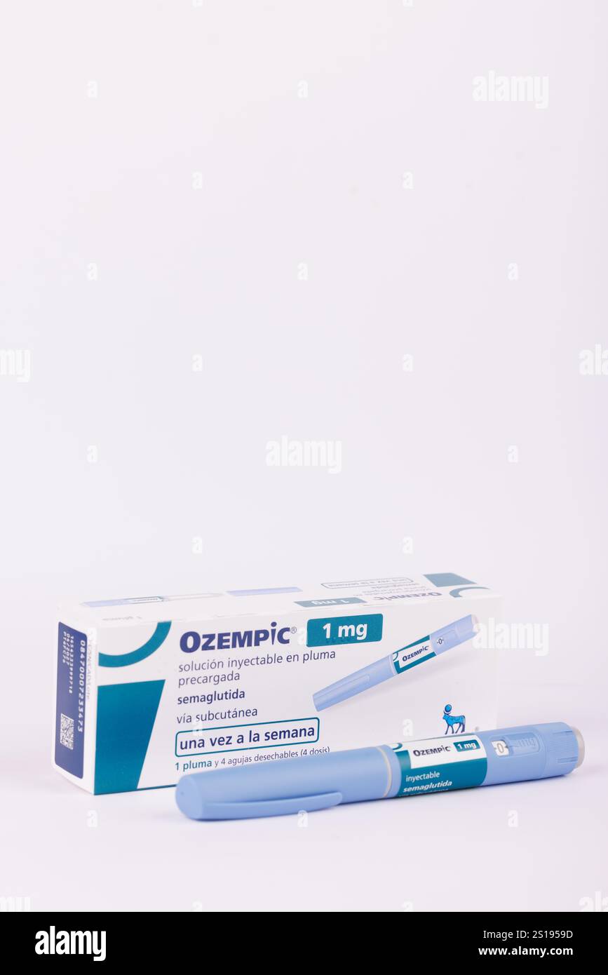 Display of Ozempic 1 ml Medication Box and Injection Pens on Bright White Background in Barcelona, Spain, Highlighting Accessories Stock Photo