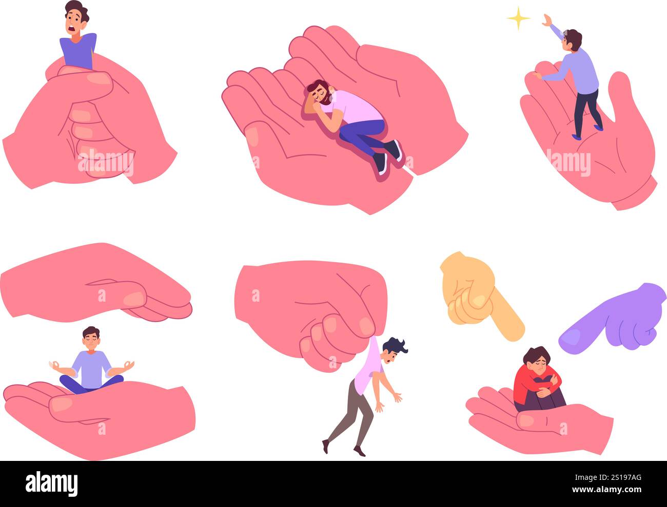 progress development concept characters hold hands... Hands holding people. Concept illustrations with big hand and tiny ...