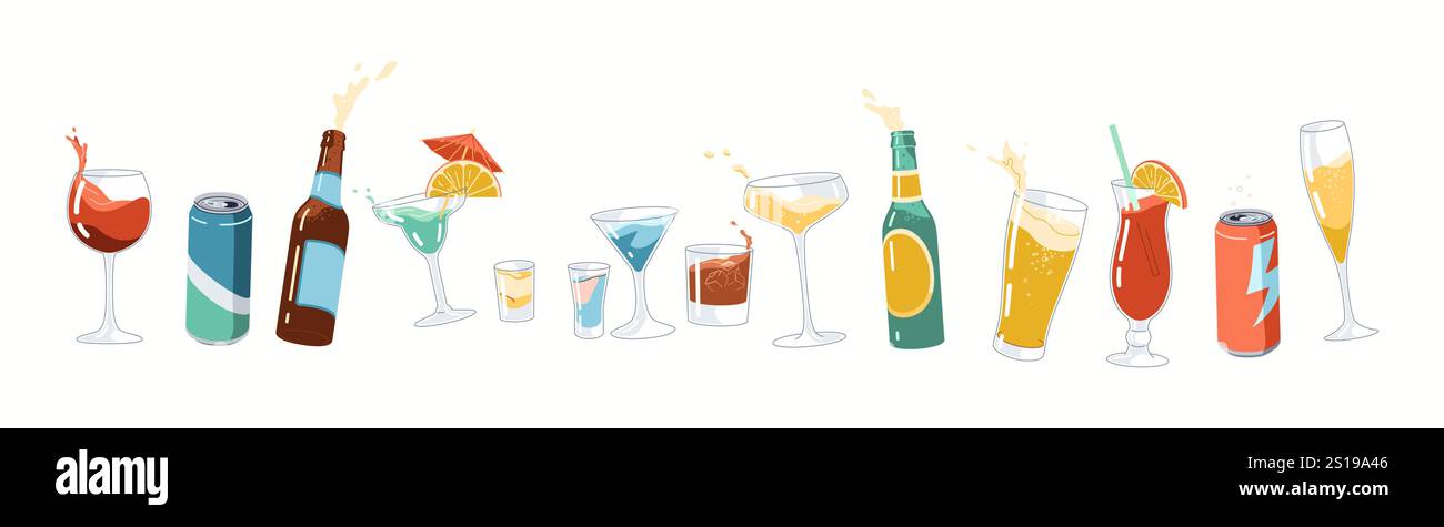 Drinks for party assortment flat color vector objects set. Glasses bottles and tin cans with beverages illustrations pack on white background Stock Vector