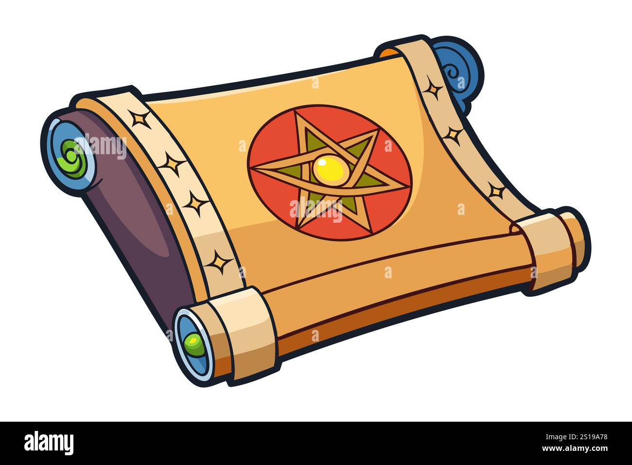 Cartoon Illustration of an Ancient Magic Scroll with Pentagram Symbol ...