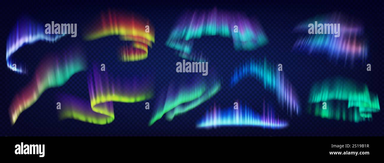 Aurora borealis slowing lights realistic color icons set. Shiny natural ...
