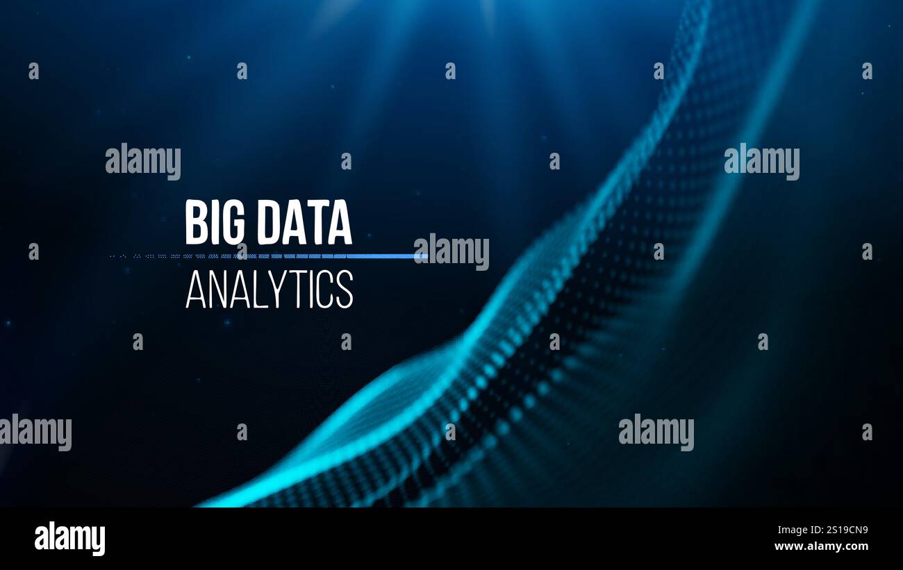 Big data visualization with a dynamic blue grid. Data connect dots ...