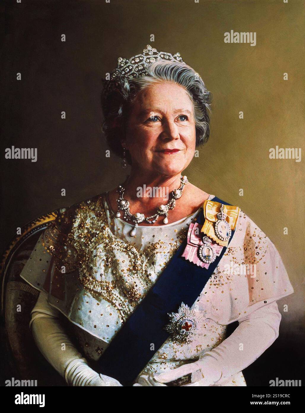 Portrait painting of Queen Elizabeth the Queen Mother (1900–2002). Oil painting by Richard Stone, 1986 Stock Photo