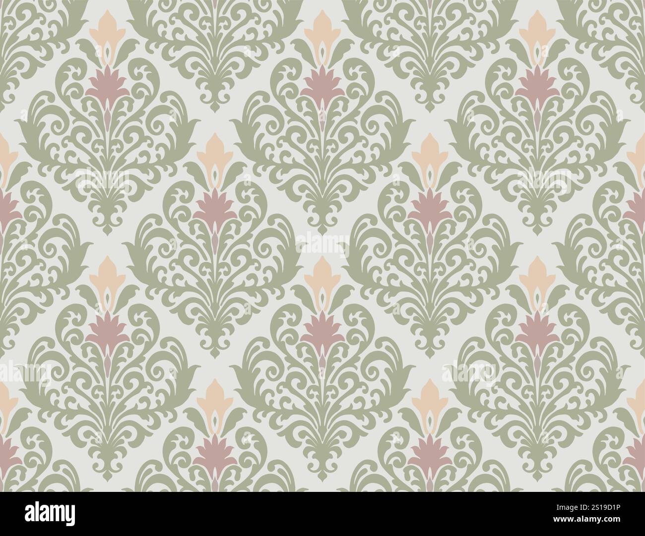 Soft pastel-colored damask pattern with floral and ornamental elements on a light background. Damask seamless pattern. Stock Vector