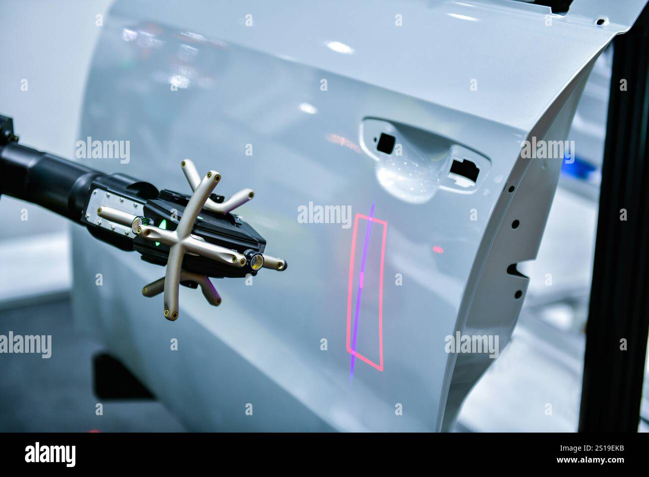 3D scanner on robotic arm measure the accuracy of automotive parts. in industrial plants Stock Photo