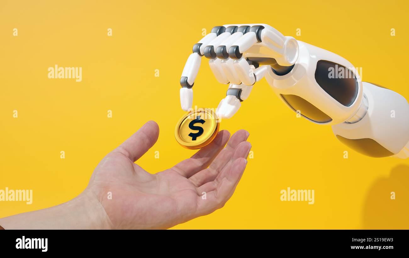 Robotic and human hands exchanging dollar coin, bright yellow background, financial technology concept, symbolic imagery, 3d render. Stock Photo