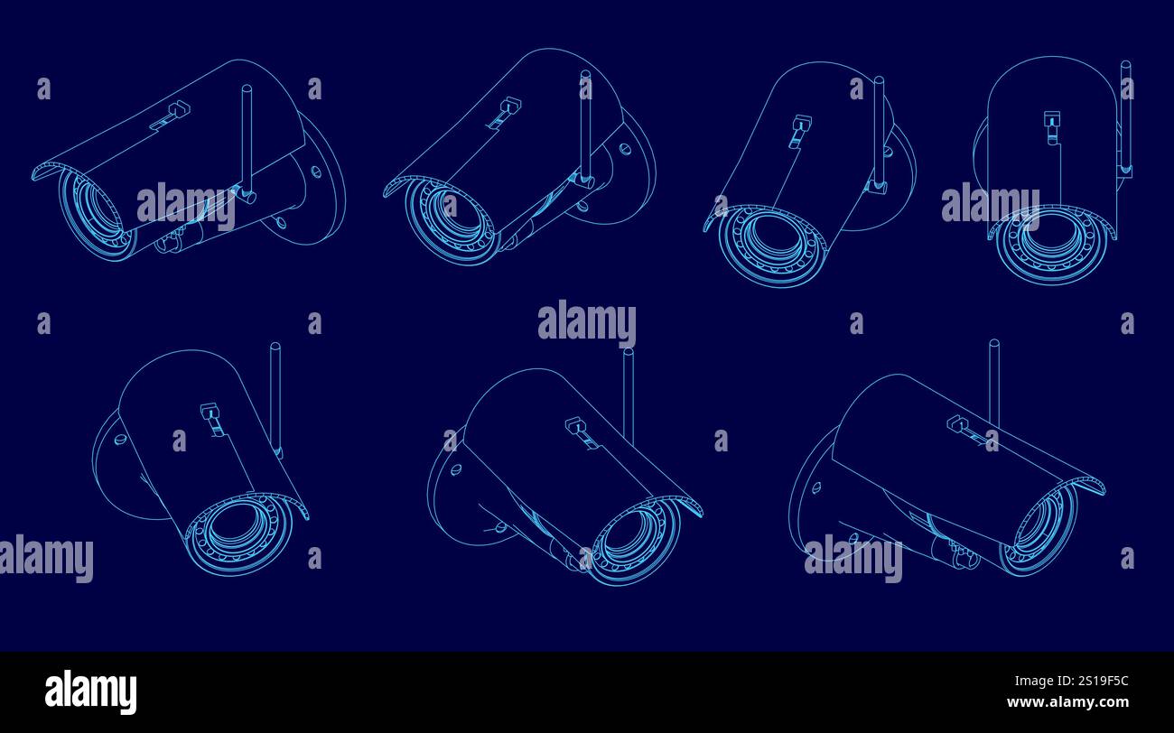 Series of blue images of security cameras. The images are all different ...