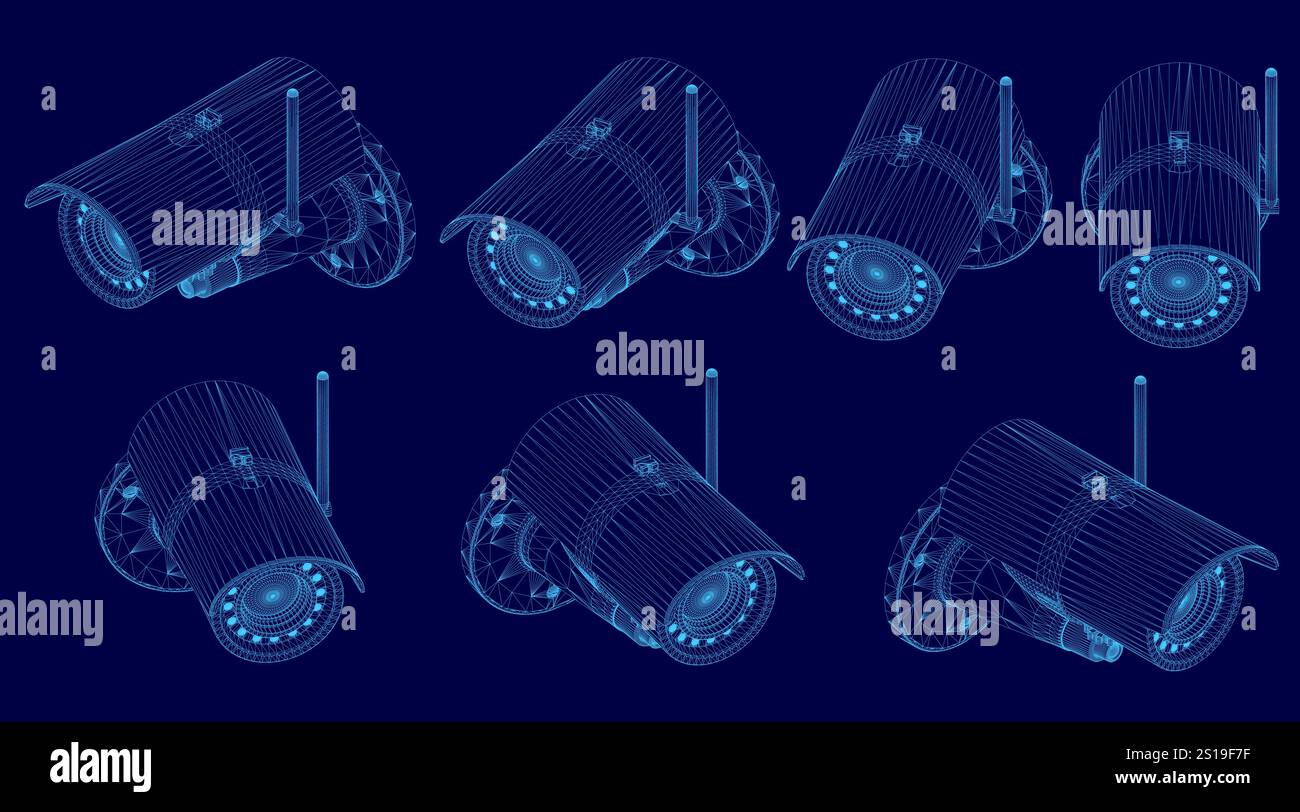 Series of blue images of a security camera. The images are all different sizes and angles, but they all have the same basic shape and design. The mood Stock Vector