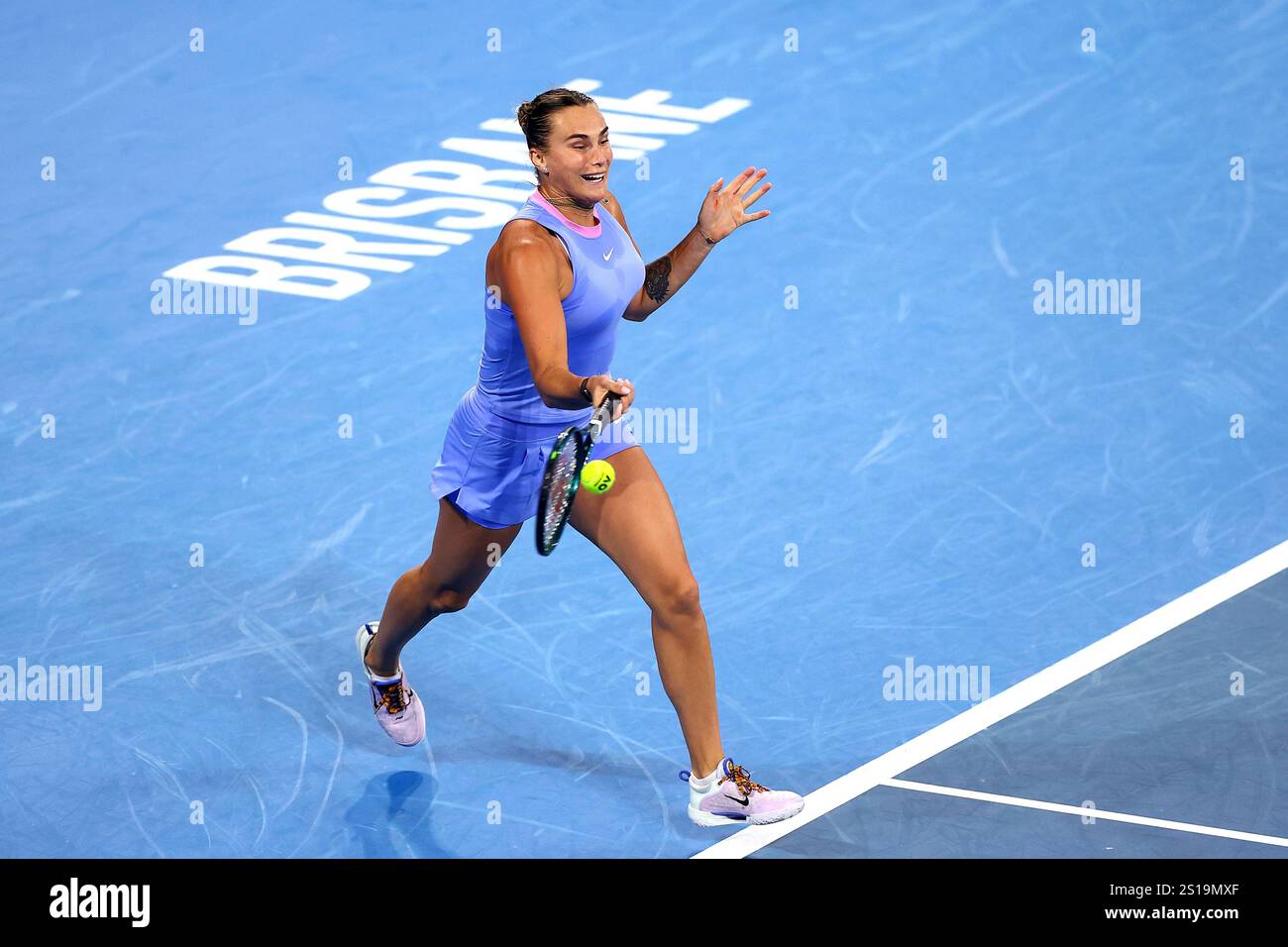 Belarus' Aryna Sabalenka returns a shot to Kazakhstan's Yulia