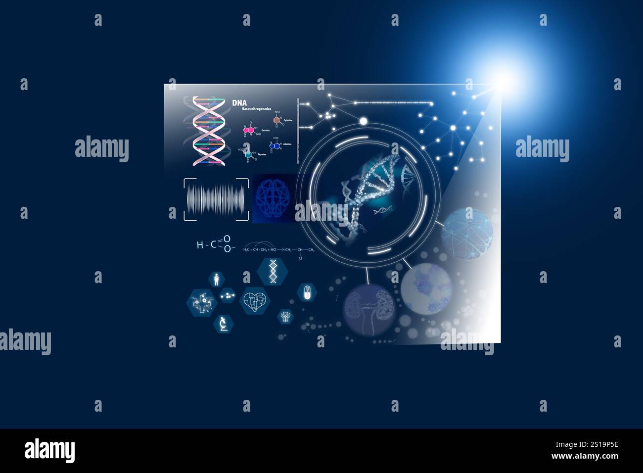 Medical technology. Different icons, DNA, human brain, kidneys, virus ...