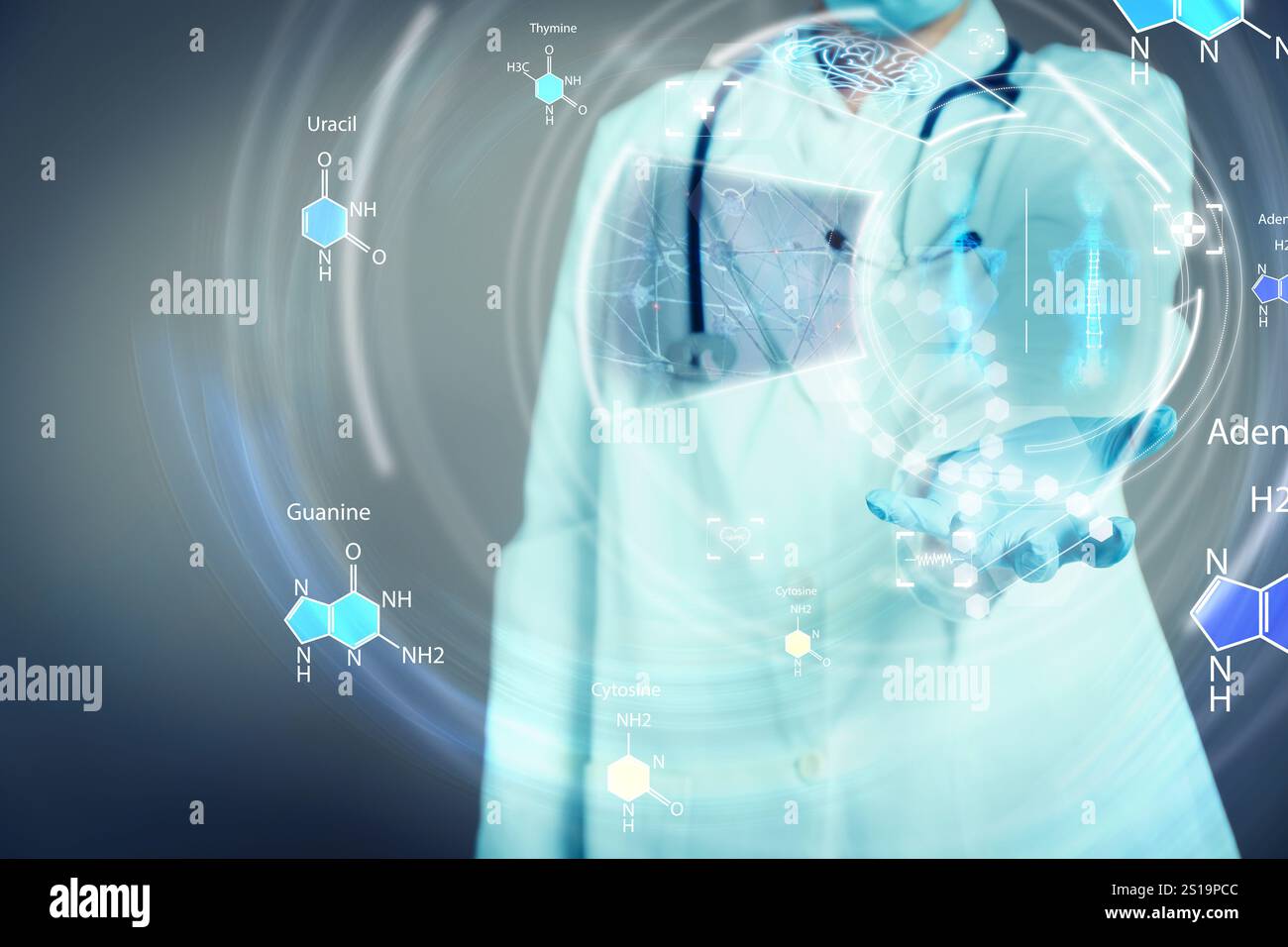 Virtual Dna Model Medical technology. Doctor holding virtual DNA, closeup. Different ...
