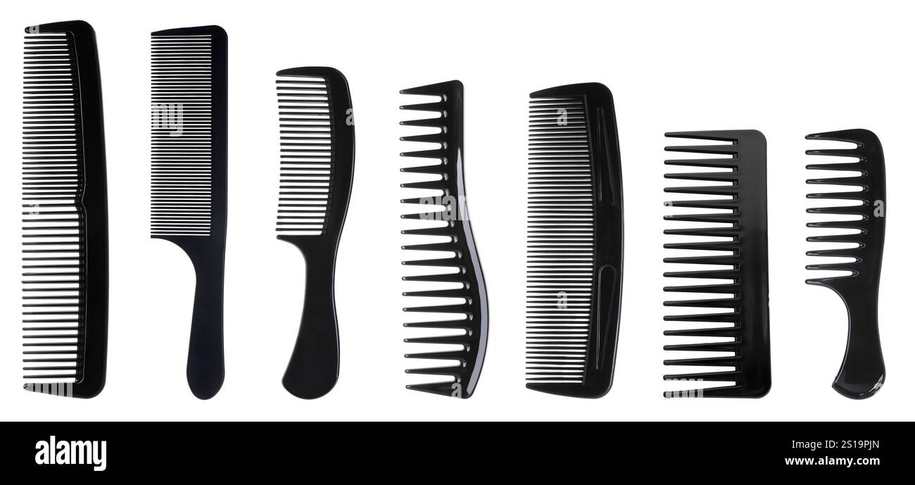Different hair combs isolated on white, set Stock Photo