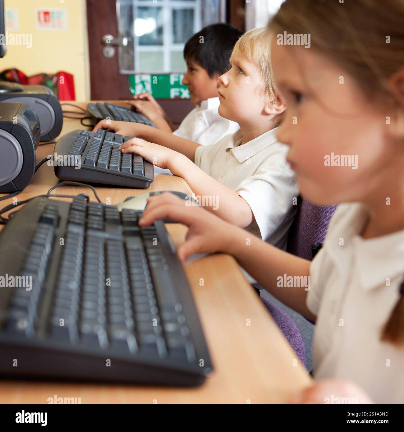 Elementary School: Computer Lab. A small group of primary age pupils ...