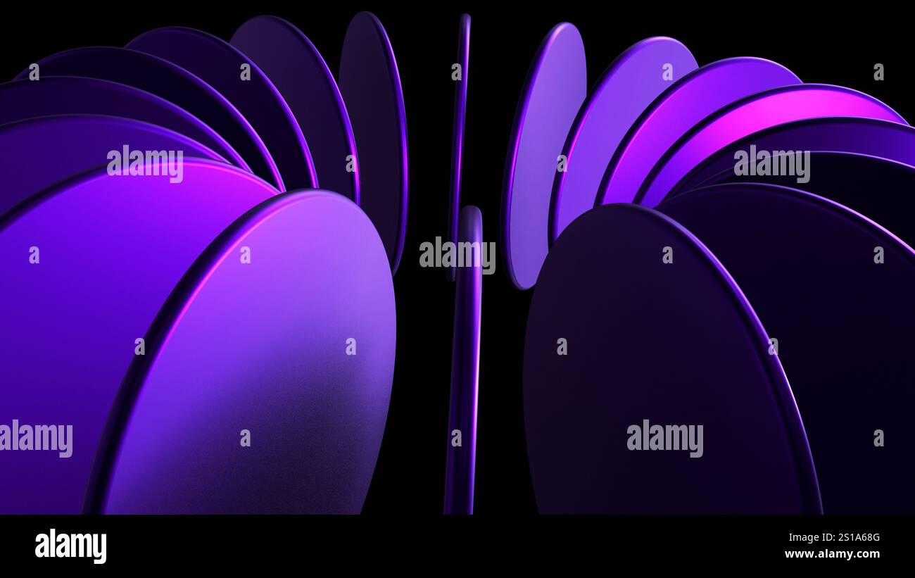 Rotating glowing 3d circles around their axis on a black background ...